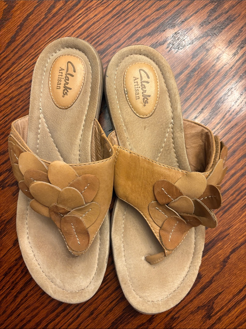 Clarks Artisan Tan Floral Leather Slide Sandals